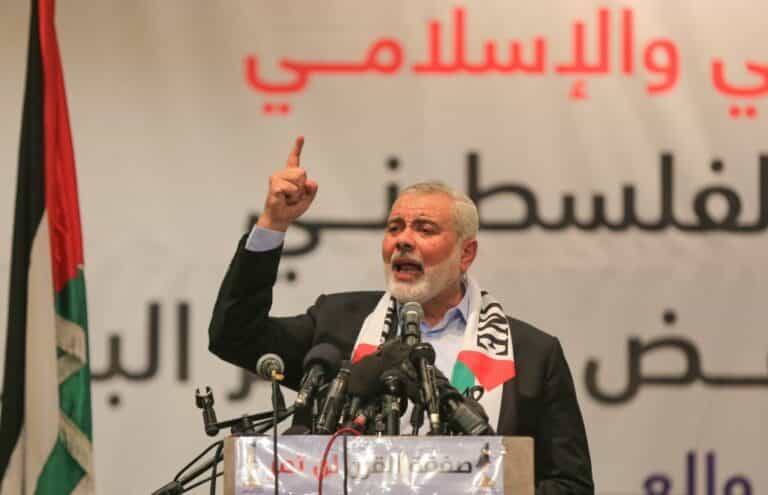 Head of the Political Bureau of Hamas Ismail Haniyeh delivers a speech during the Palestinian National Conference on Bahrain workshop and Deal of the Century in Gaza City, Gaza on June 25, 2019.