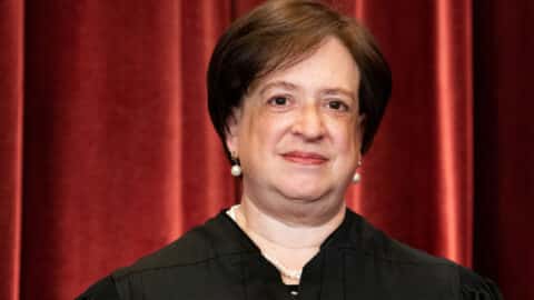 WASHINGTON, DC - APRIL 23: Associate Justice Elena Kagan stands during a group photo of the Justices at the Supreme Court in Washington, DC on April 23, 2021. (Photo by Erin Schaff-Pool/Getty Images)