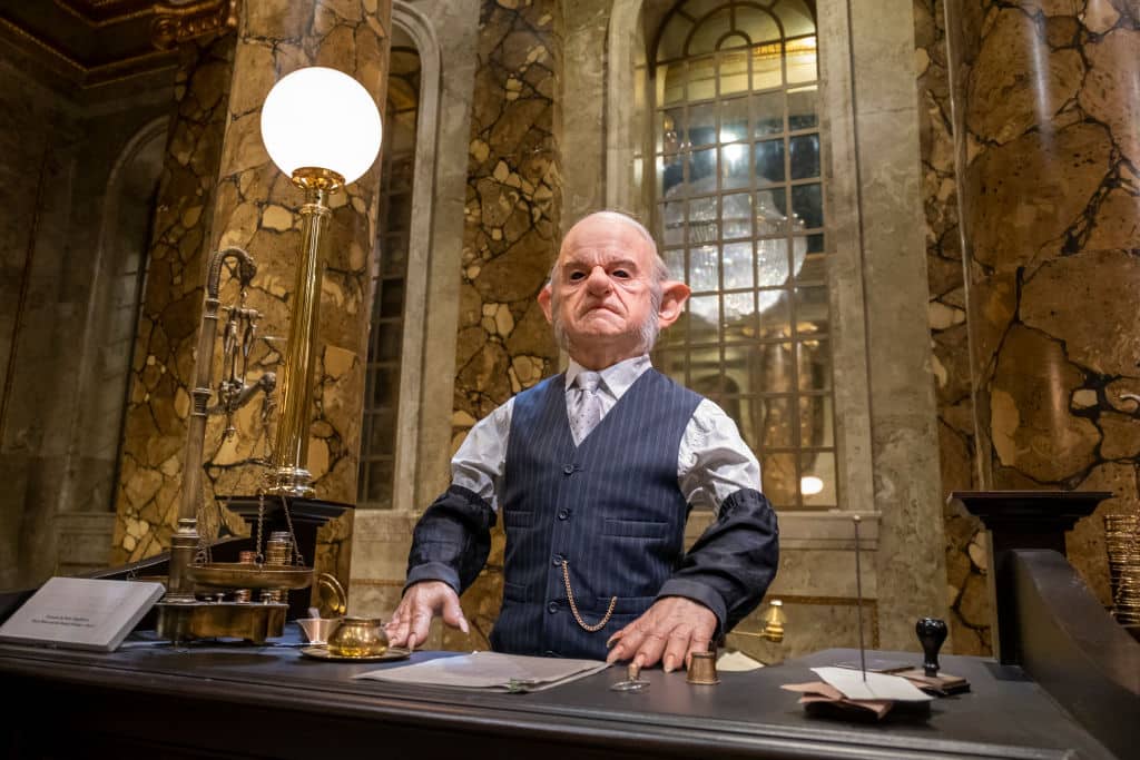 A model of a goblin, working in Gringotts Wizarding Bank at Warner Bros studio tour, The Making of Harry Potter on the 27th of November 2021 in Watford, London, United Kingdom. The Making of Harry Potter is a Warner Bros Studio tour where members of the public can walk around an exhibition and tour through some of the sets, see some of the authentic costumes touch some of the props used in the original Harry Potter Films made by Warner Bros. The Studio Tour in London takes people through the world of JK Rowlings Harry Potter films. (photo by Andrew Aitchison / In pictures via Getty Images)