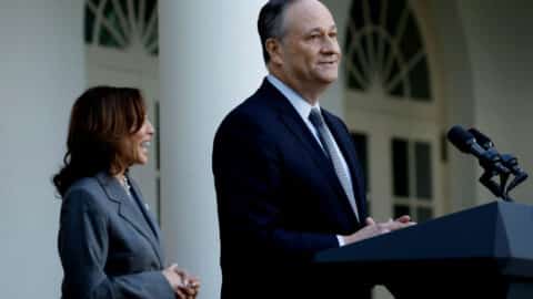 Second gentleman Doug Emhoff speaks at reception alongside U.S. Vice President Kamala Harris during a reception celebrating Jewish American Heritage Month in the Rose Garden of the White House on May 20, 2024 in Washington, DC. (Photo by Anna Moneymaker/Getty Images)