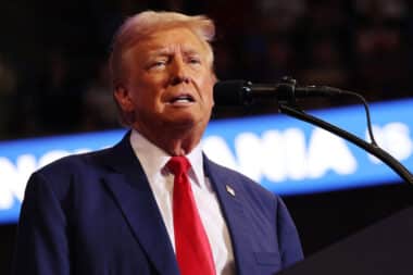 WILKES BARRE, PENNSYLVANIA - AUGUST 17: Republican Presidential Candidate former U.S. President Donald Trump speaks during a campaign rally at Mohegan Sun Arena at Casey Plaza on August 17, 2024 in Wilkes Barre, Pennsylvania. Trump held a rally in the battleground state of Pennsylvania, a key swing state in the 2024 Presidential election against Democratic presidential candidate U.S. Vice President Kamala Harris. (Photo by Michael M. Santiago/Getty Images)