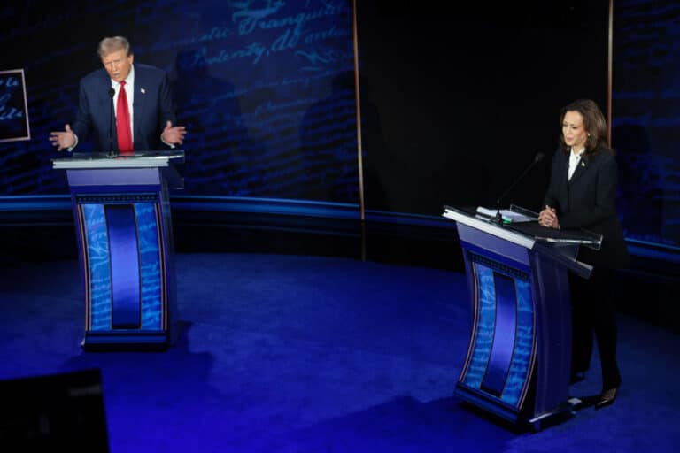 Republican presidential nominee, former U.S. President Donald Trump and Democratic presidential nominee, U.S. Vice President Kamala Harris debate for the first time during the presidential election campaign at The National Constitution Center on September 10, 2024 in Philadelphia, Pennsylvania. (Photo by Win McNamee/Getty Images)