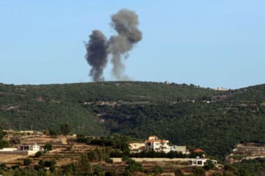 Smoke billows from the site of an Israeli airstrike that targeted an area on the outskirts of the Lebanese southern village of Yater on September 20, 2024.