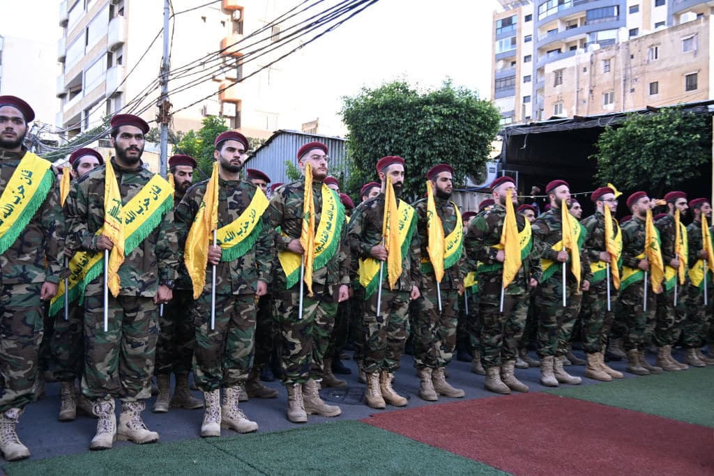 Hezbollah members attend the funeral ceremony for Hezbollah members Hassan Abdulsater, Ahmed Dib and Abbas Muslumani, who were killed in an Israeli attack in Dahieh, southern suburb of Beirut, Lebanon on September 21, 2024.