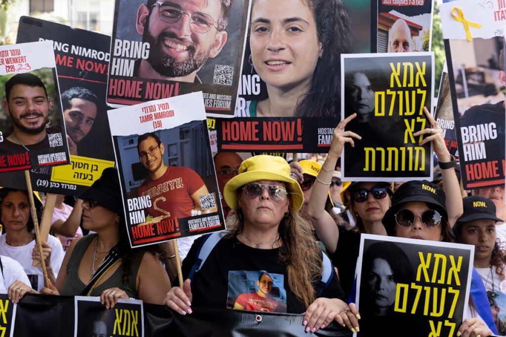 Mothers of hostages taken to the Gaza Strip by Hamas during the Oct. 7 attacks call for a hostage deal on July 5, 2024 in Tel Aviv, Israel. According to Israeli authorities, 116 hostages taken to Gaza on Oct. 7 are still unaccounted for. (Photo by Amir Levy/Getty Images)