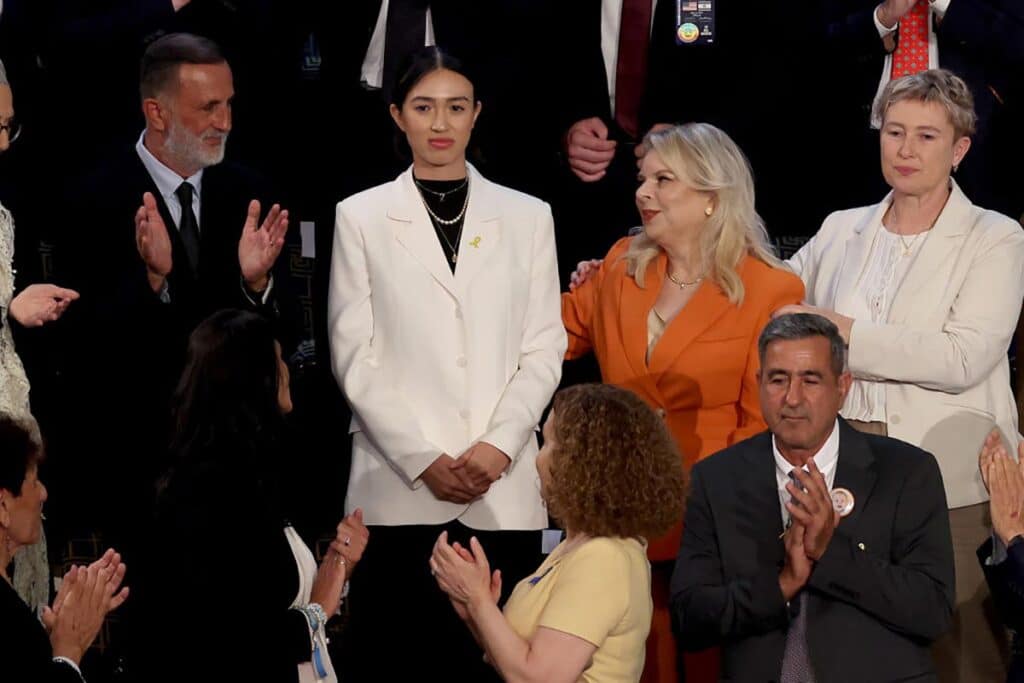 Sara Netanyahu (2nd R), wife of Israeli Prime Minister Benjamin Netanyahu, and released hostage Noa Argamani listen as Israeli Prime Minister Benjamin Netanyahu addresses a joint meeting of Congress in the chamber of the House of Representatives at the U.S. Capitol on July 24, 2024 in Washington, DC.