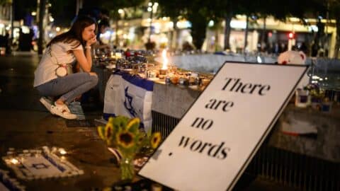 A sign at a candle vigil for those killed or taken hostage by Hamas in the October 7th massacre reads "There Are No Words", on October 20, 2023 in Tel Aviv, Israel.