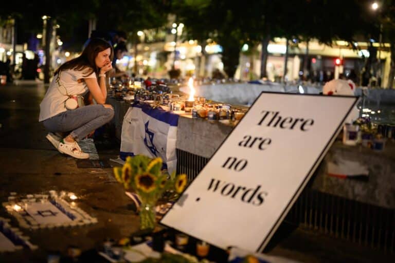 A sign at a candle vigil for those killed or taken hostage by Hamas in the October 7th massacre reads "There Are No Words", on October 20, 2023 in Tel Aviv, Israel.