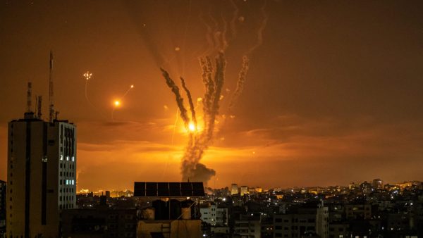 Rockets launched toward Israel from the northern Gaza Strip and response from the Israeli missile defense system known as the Iron Dome leave streaks through the sky on May 14, 2021 in Gaza City, Gaza. (Photo by Fatima Shbair/Getty Images)
