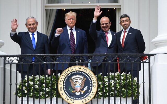 (L-R)Israeli Prime Minister Benjamin Netanyahu, US President Donald Trump, Bahrain Foreign Minister Abdullatif al-Zayani, and UAE Foreign Minister Abdullah bin Zayed Al-Nahyan wave from the Truman Balcony at the White House after they participated in the signing of the Abraham Accords where the countries of Bahrain and the United Arab Emirates recognize Israel, in Washington, DC, September 15, 2020.