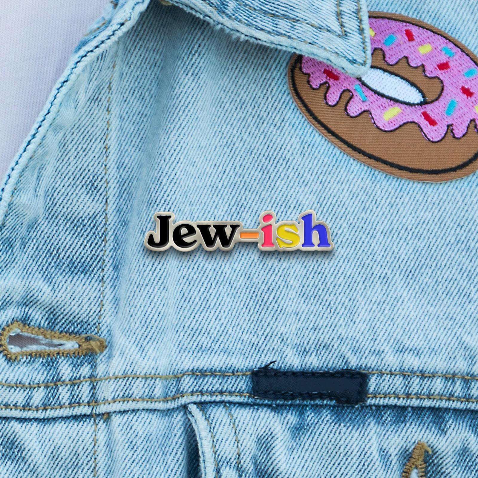 Jew-ish Enamel Pin on denim jacket