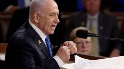 Israeli Prime Minister Benjamin Netanyahu addresses a joint meeting of Congress in the chamber of the House of Representatives at the U.S. Capitol on July 24, 2024 in Washington, DC.