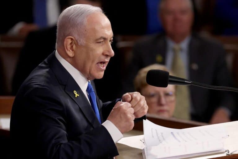 Israeli Prime Minister Benjamin Netanyahu addresses a joint meeting of Congress in the chamber of the House of Representatives at the U.S. Capitol on July 24, 2024 in Washington, DC.